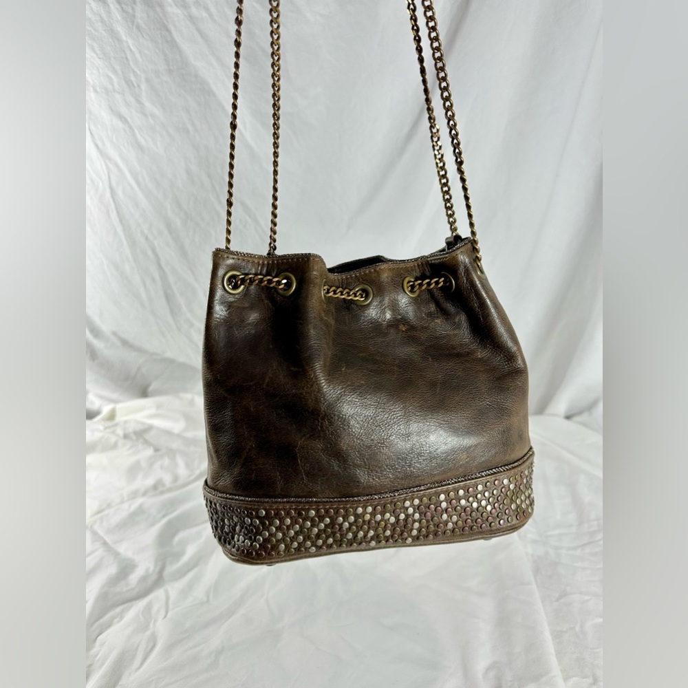 Genuine STREETS AHEAD vintage brown leather bucket bag with chain strap and stud